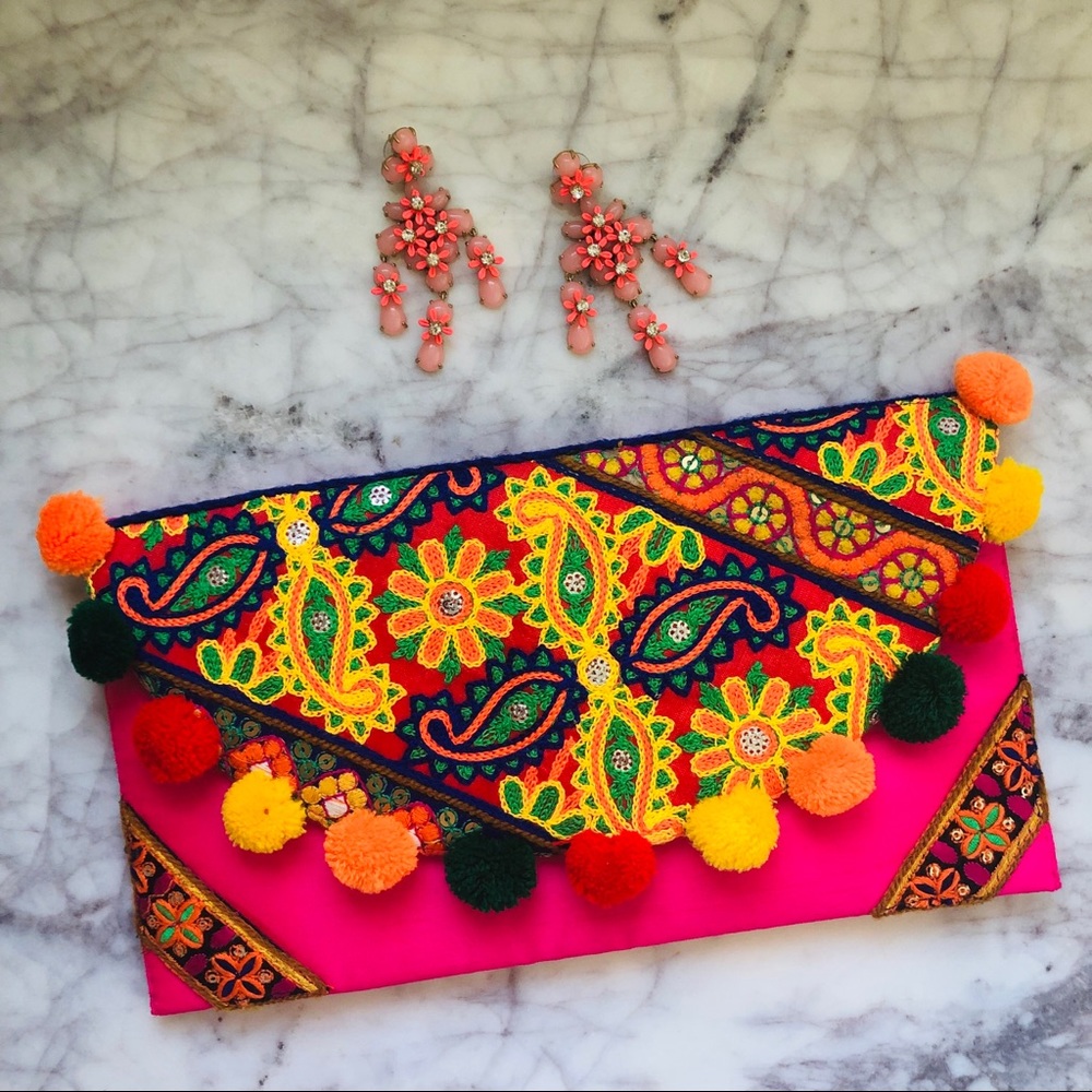 Like New! MOYNA Foldover Clutch with Pom Pom Trim